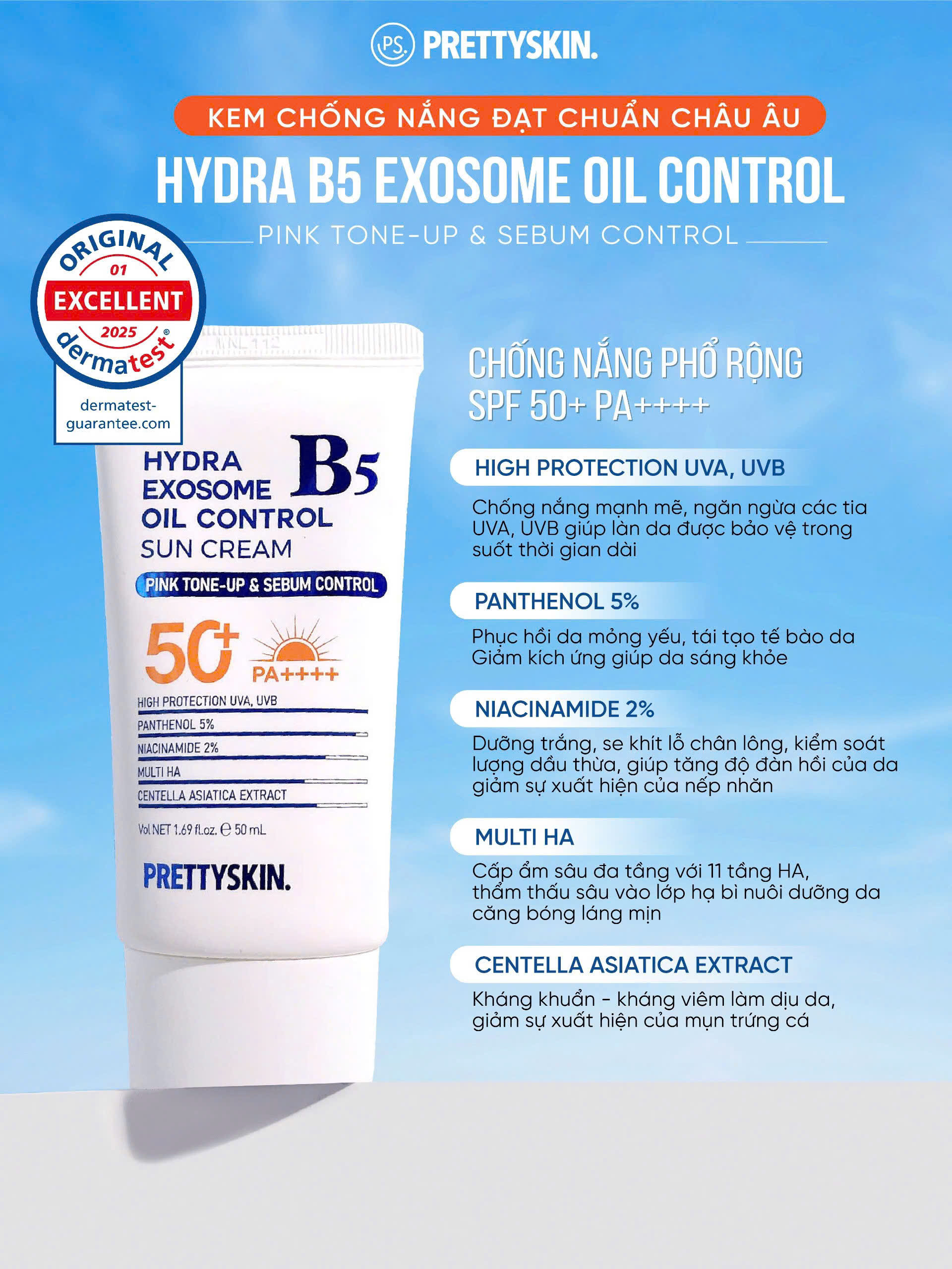 d979 - (Mẫu mới) Kem chống nắng phổ rộng phục hồi Prettyskin Hydra B5 Exosome Treatment / Oil Control Sun Cream SPF 50+ PA ++++ 50ml