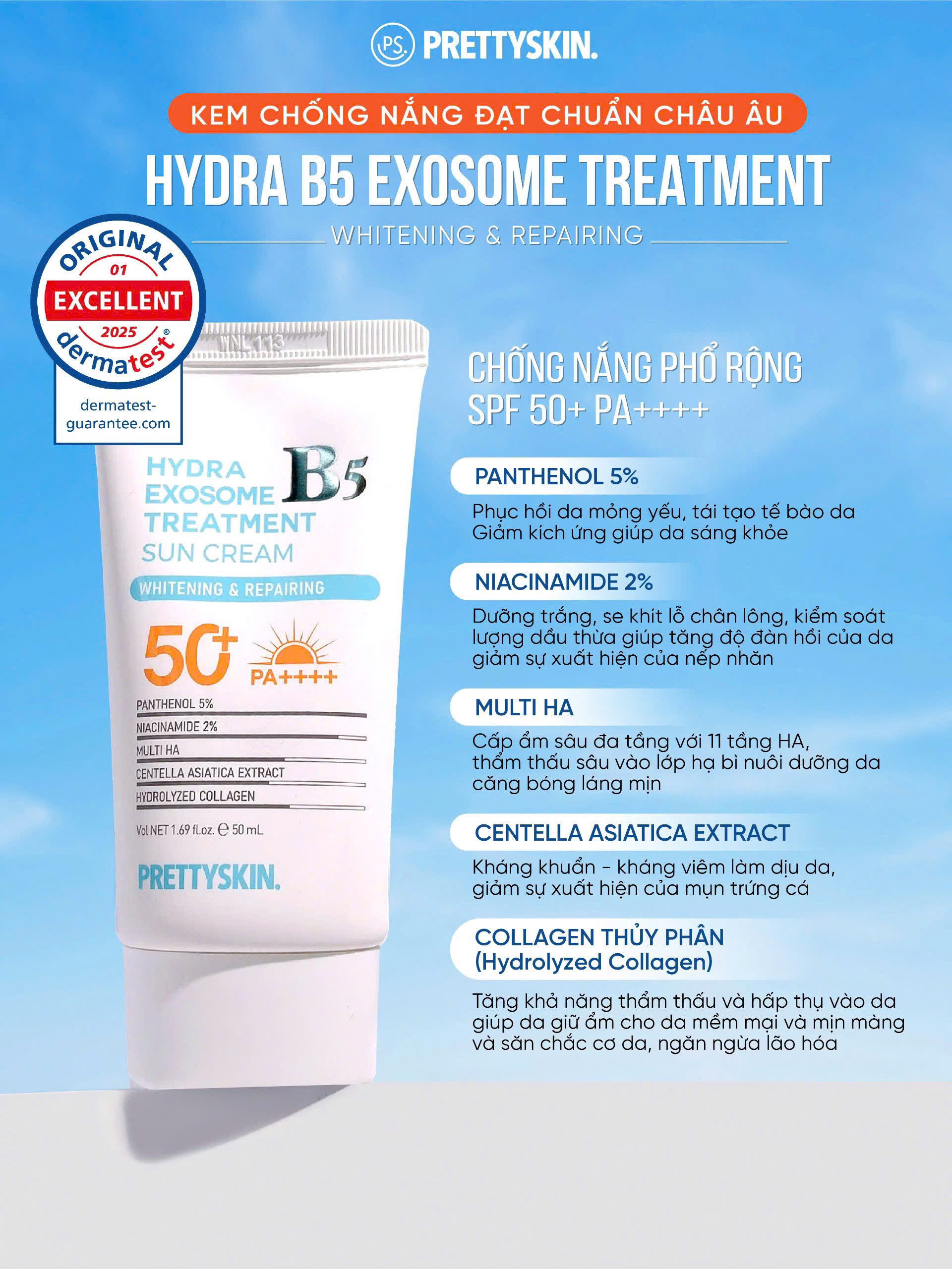 d979 - (Mẫu mới) Kem chống nắng phổ rộng phục hồi Prettyskin Hydra B5 Exosome Treatment / Oil Control Sun Cream SPF 50+ PA ++++ 50ml