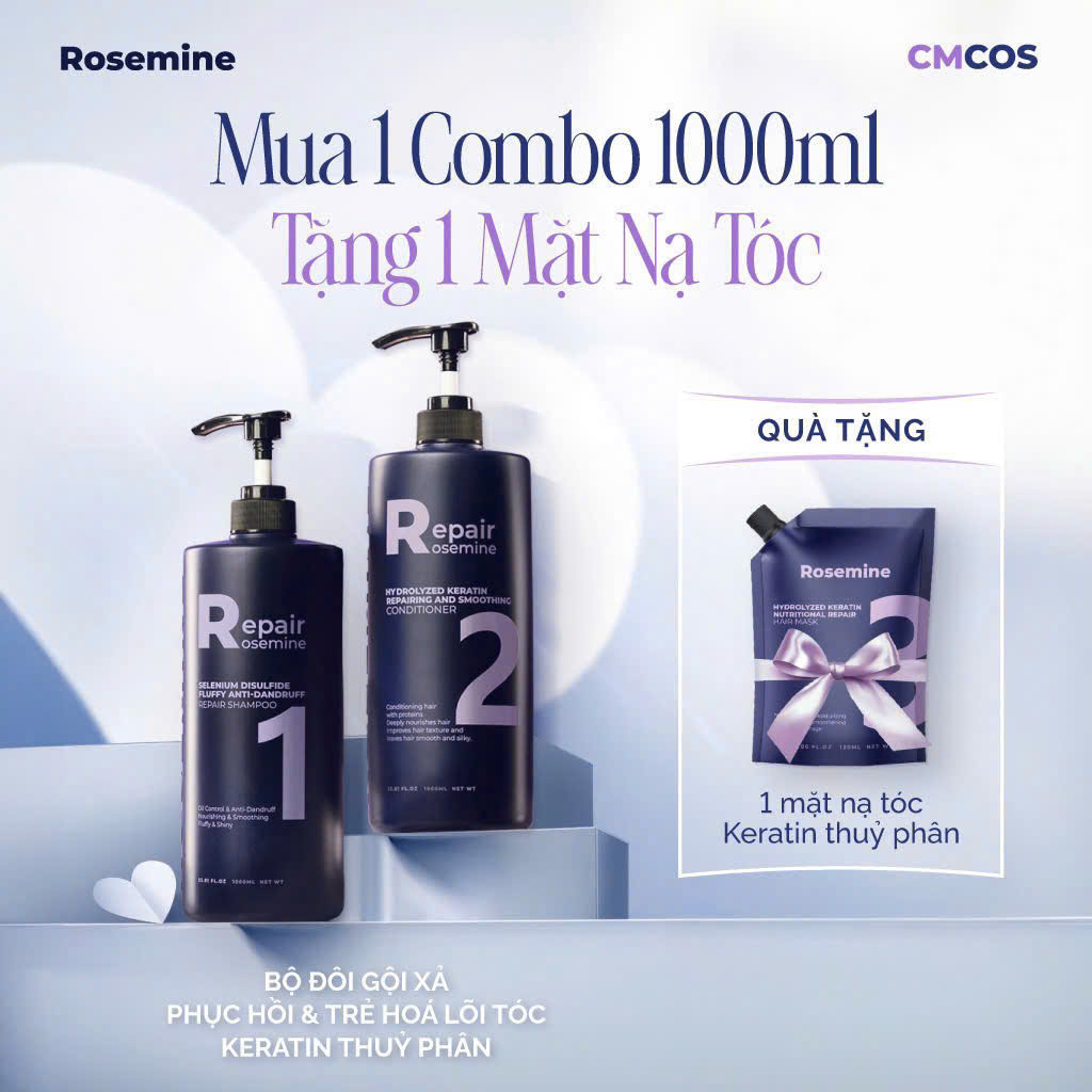 Combo Dầu Gội & Xả Phục Hồi, Làm Phồng Tóc, Giảm Gãy Rụng Rosemine Repair Hàn Quốc 500ml x 2 & 1000ml x 2