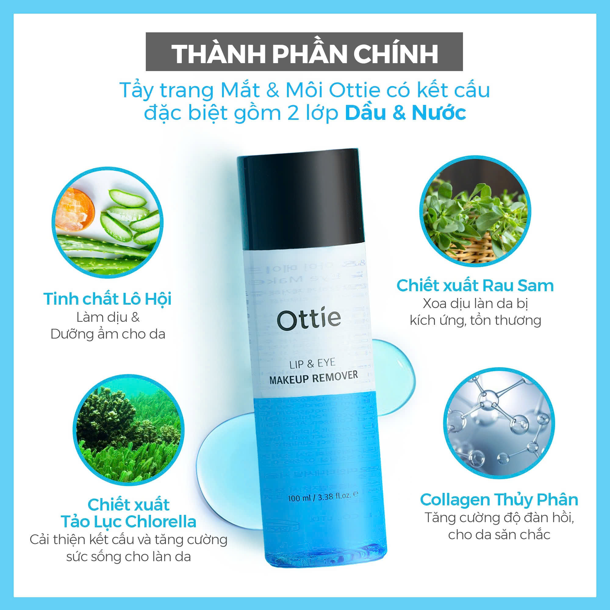 Nước Tẩy Trang Mắt Và Môi 2 Lớp Ottie Lip＆Eye Makeup Remover Tẩy Trang Sạch Sâu Lớp Makeup 100ml LYO