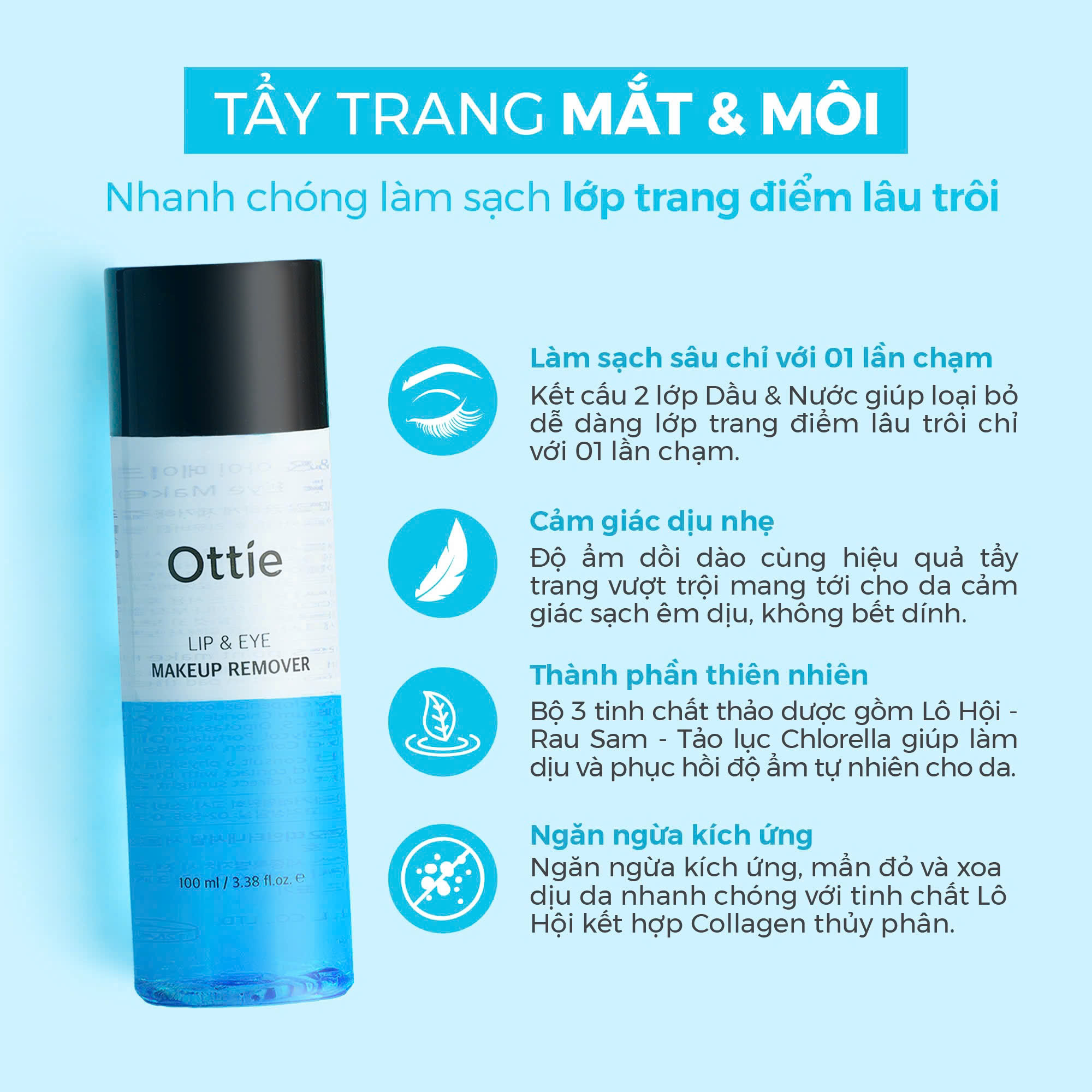 Nước Tẩy Trang Mắt Và Môi 2 Lớp Ottie Lip＆Eye Makeup Remover Tẩy Trang Sạch Sâu Lớp Makeup 100ml LYO