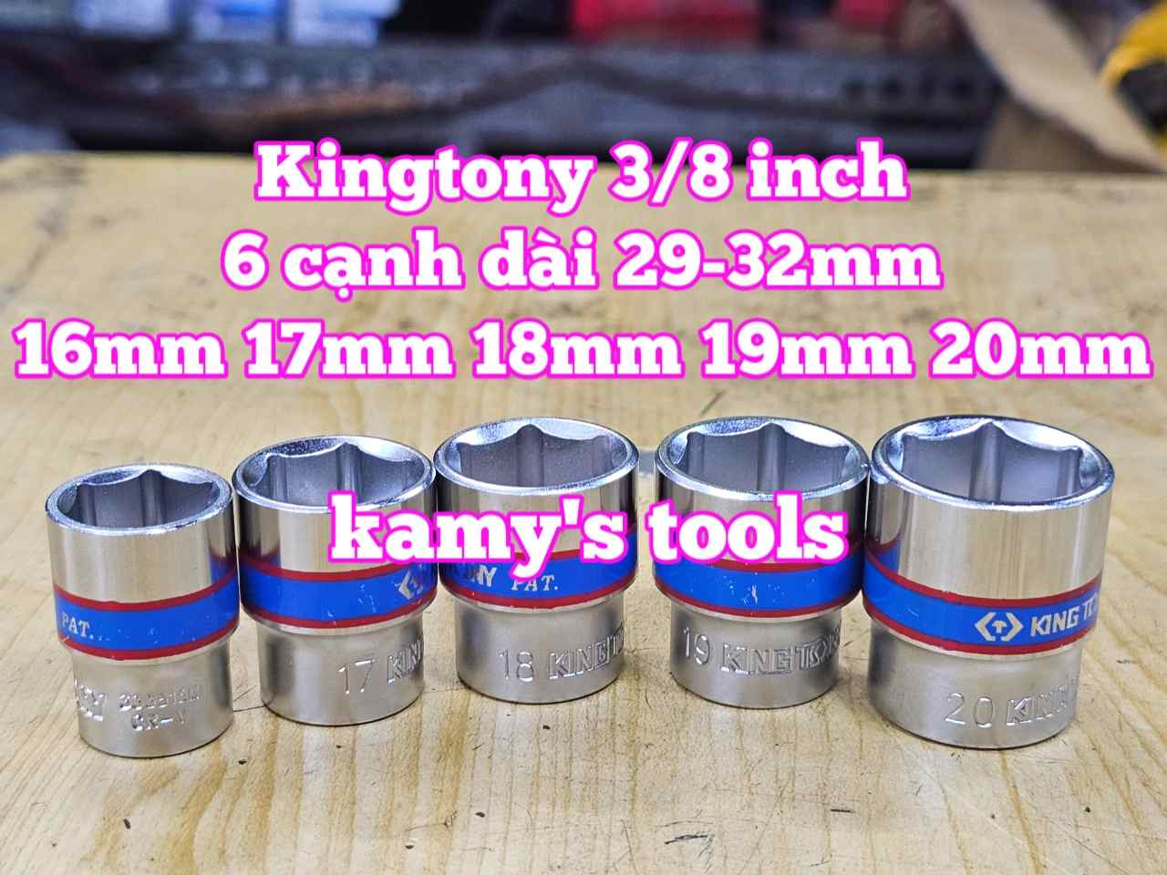 Đầu tuýp trắng 6 cạnh 3/8 inch dài 27mm Kingtony 16mm 17mm 18mm 19mm 20mm 333516M 333517M 333518M 333519M 333520M