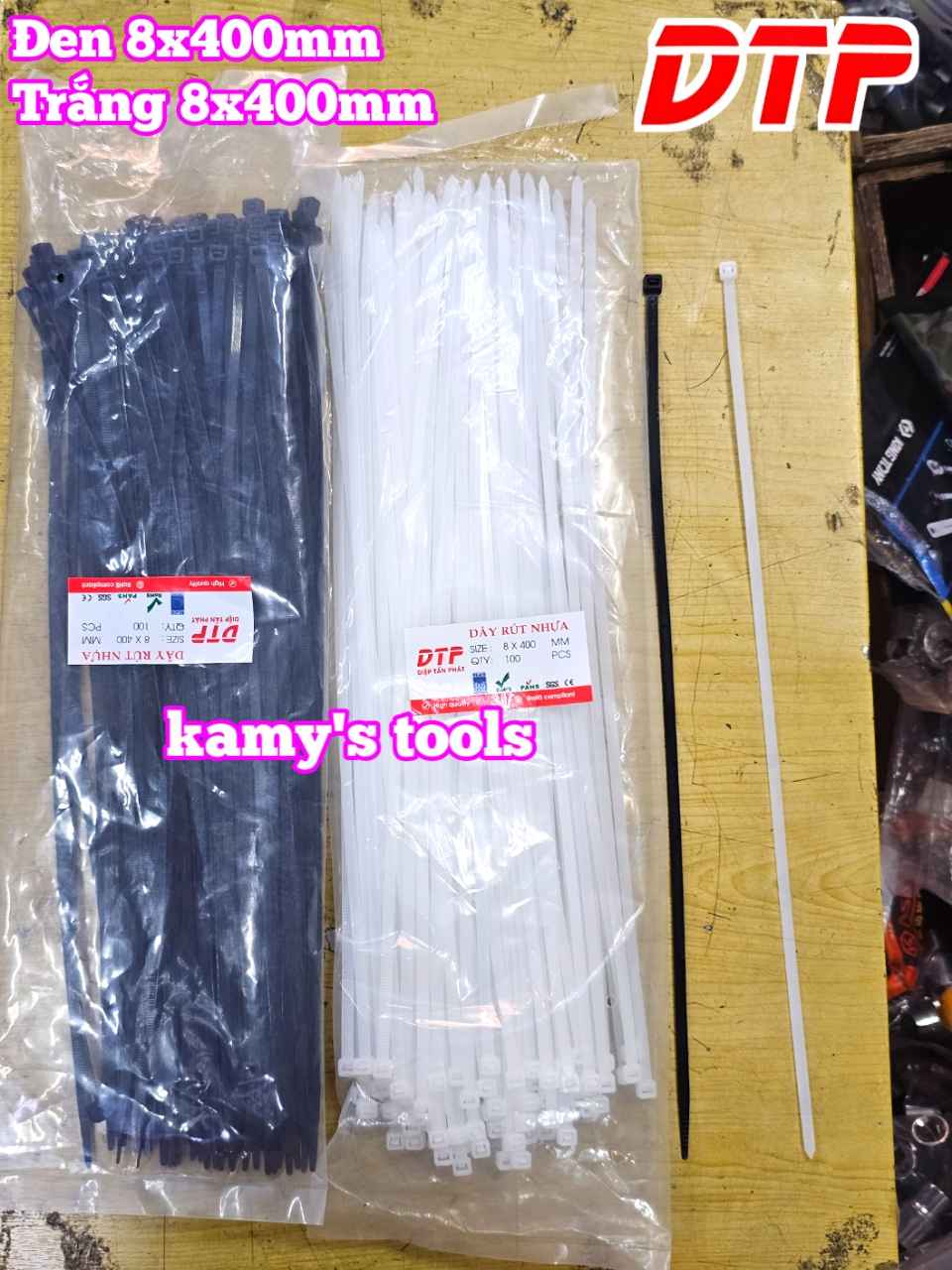 Dây rút dây thít nhựa màu đen trắng 8x400mm DTP-B50400 DTP-W50400 (1 bịch/100 sợi)