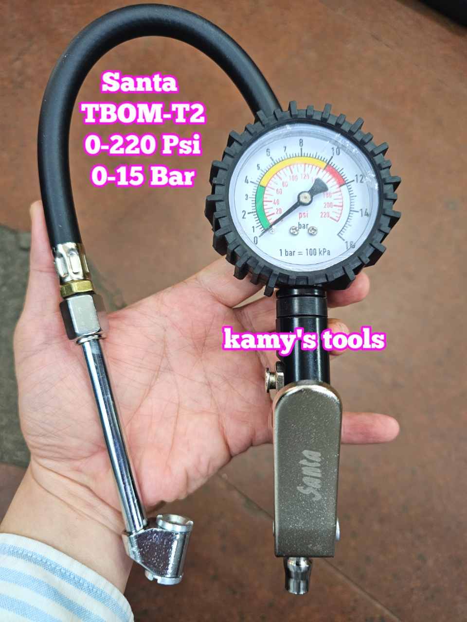 Tay bơm lốp có đồng hồ đo áp suất xe ô tô dạng thẳng Santa TBOM-T2, vòi bơm lốp đầu xe máy ô tô xe tải