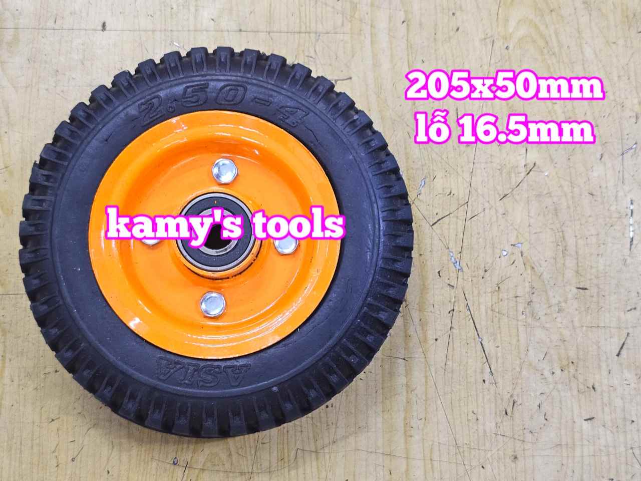 Bánh xe cao su đặc 205mm dày 50mm kèm bạc đạn lỗ 16mm 205x50mm Kamytools