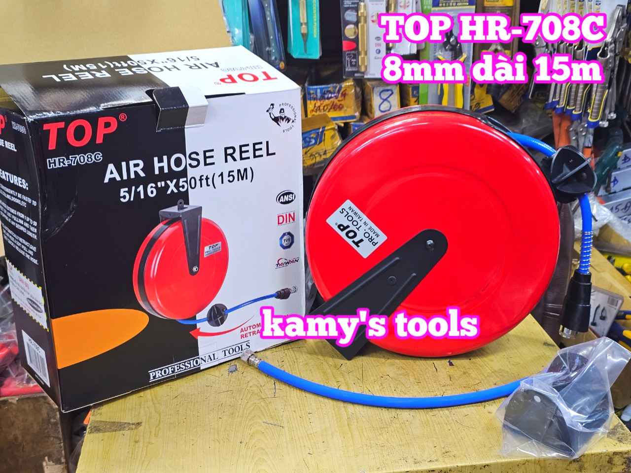 Cuộn ống dây hơi tự rút vỏ hộp sắt 8x12mm Top HR-708C dài 15 mét 15m