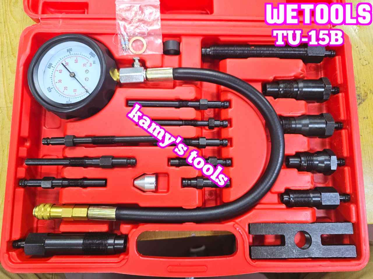 Thiết bị đồng hồ đo kiểm tra áp suất nén xilanh động cơ dầu diesel xe tải TU-15B Wetools 16 chi tiết WT-33515B