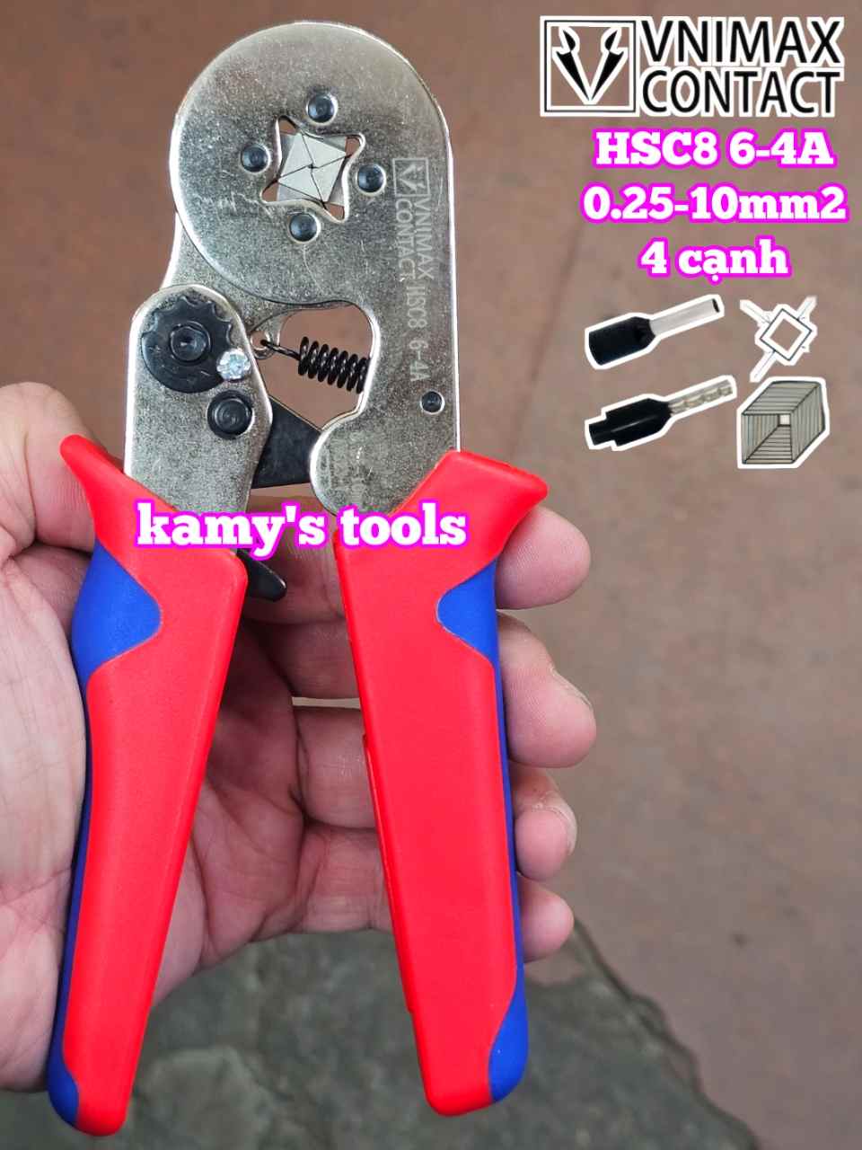 Kìm bấm cos vuông HSC8 6-4A Vnimax Contact pin tròn rỗng 0.25-10mm2 chính hãng
