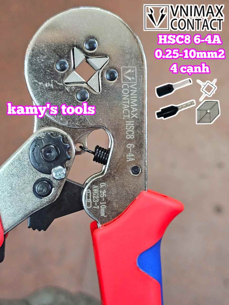 Kìm bấm cos vuông HSC8 6-4A Vnimax Contact pin tròn rỗng 0.25-10mm2 chính hãng