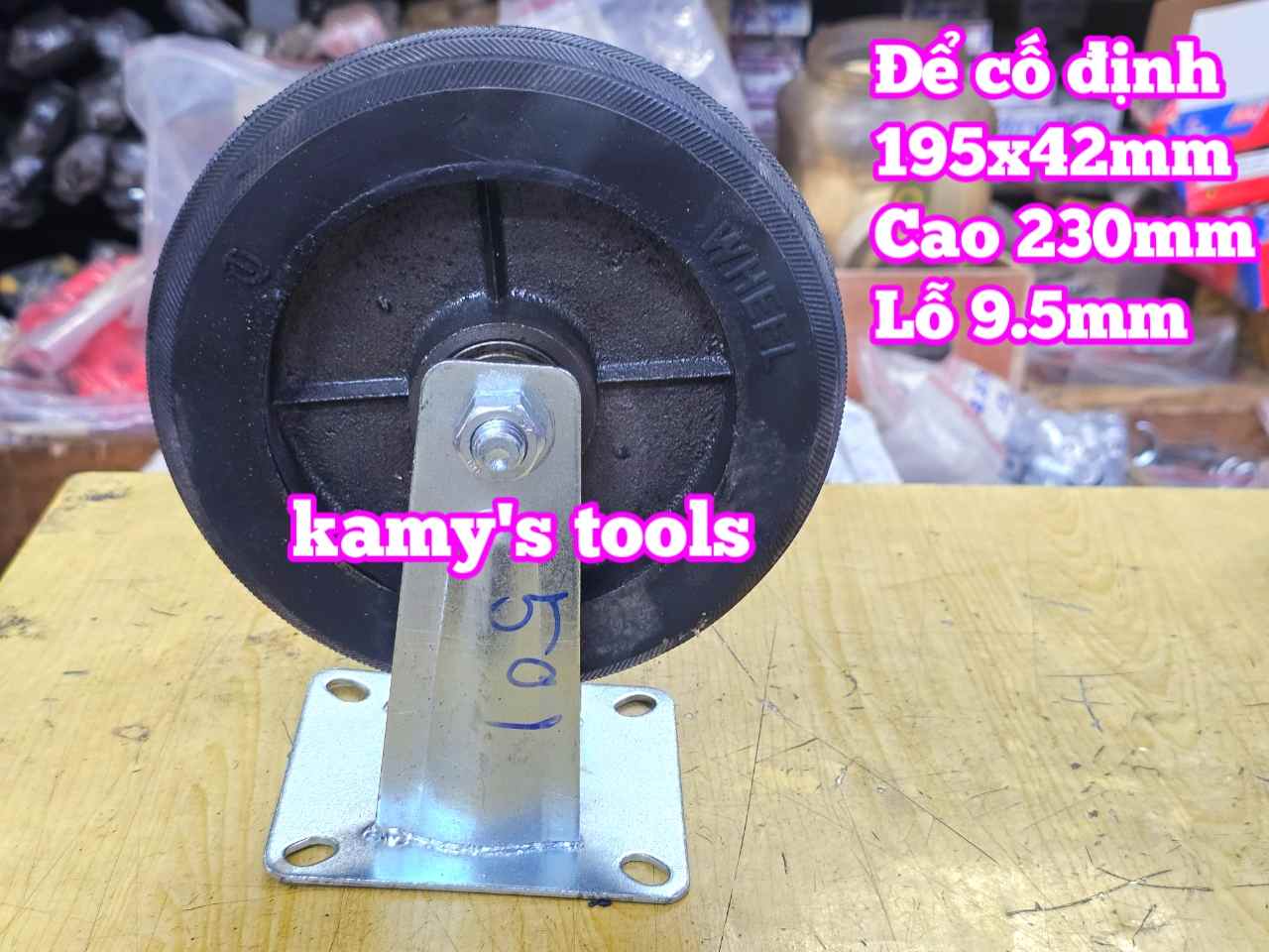 Combo đế càng và bánh xe cao su đặc Sanho CỐ ĐỊNH 200mm dày 41mm 195x41mm Kamytools