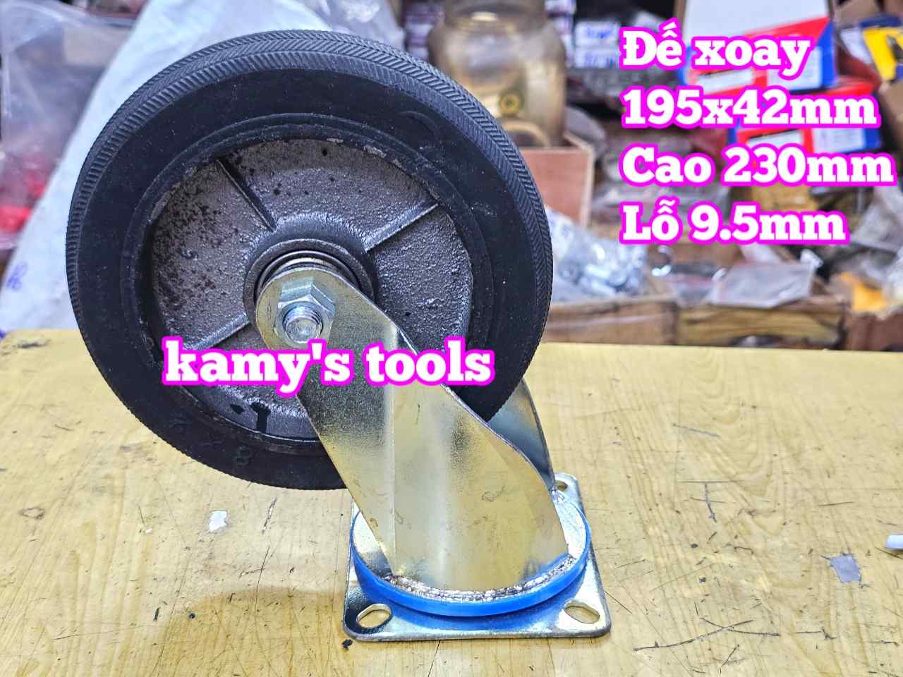Combo đế càng và bánh xe cao su đặc Sanho XOAY 200mm dày 41mm 195x41mm Kamytools