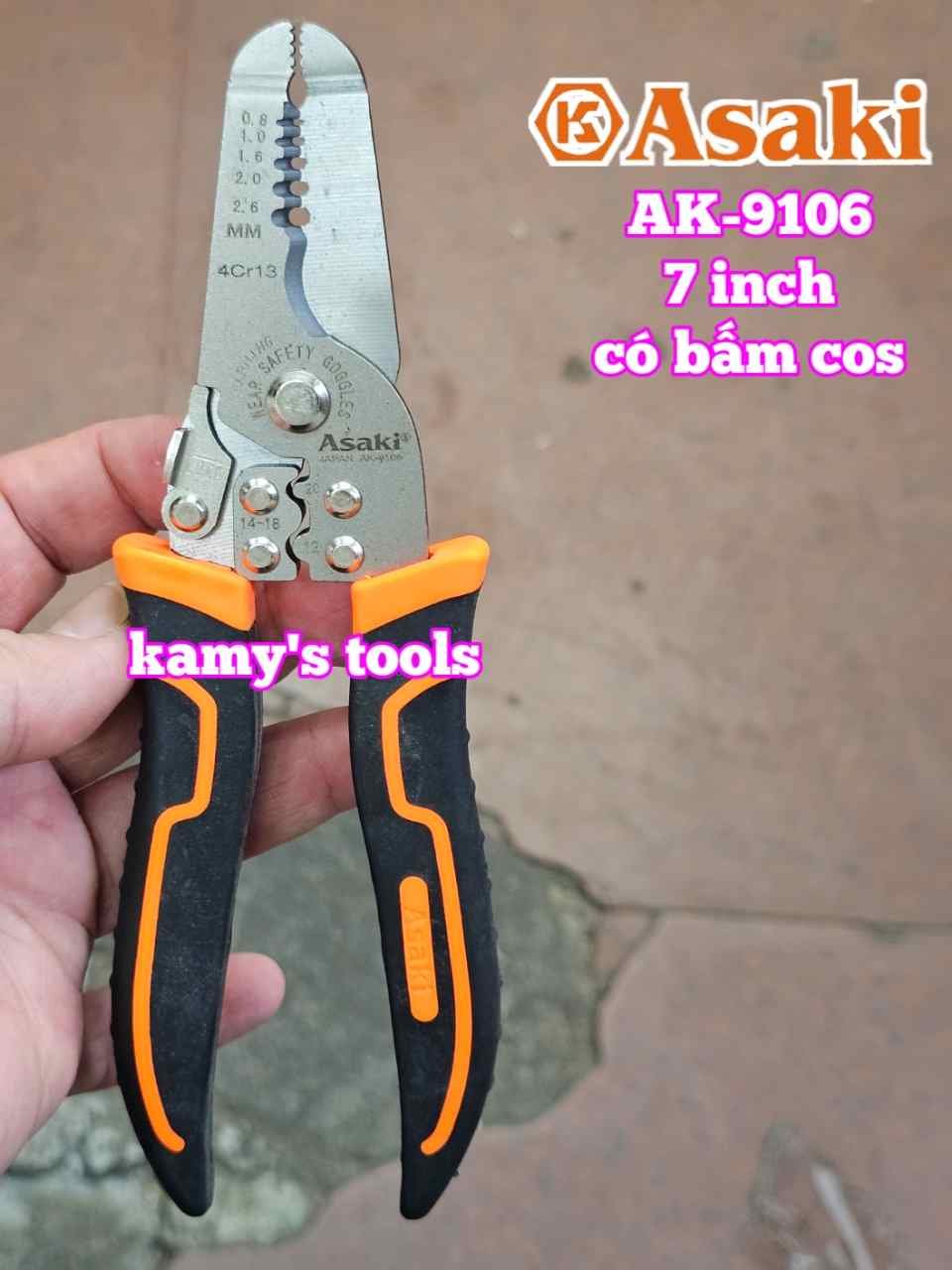 Kìm tuốt dây điện có bấm cos Asaki AK-9106 dài 7 inch bấm cos 0.8-2.6mm2