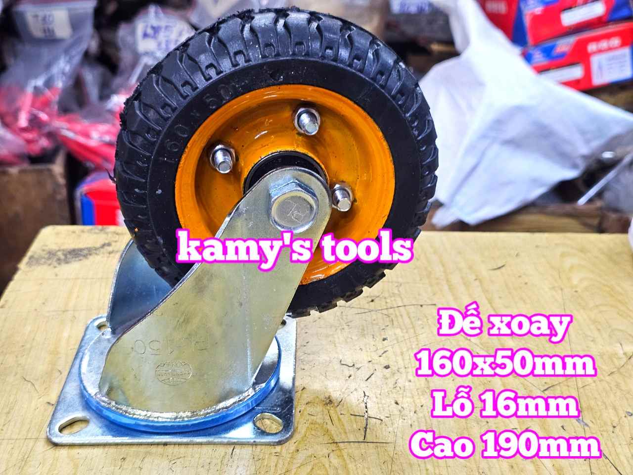 Combo đế càng và bánh xe cao su XOAY 160mm dày 50mm 160x50mm Kamytools XOAY160VANG