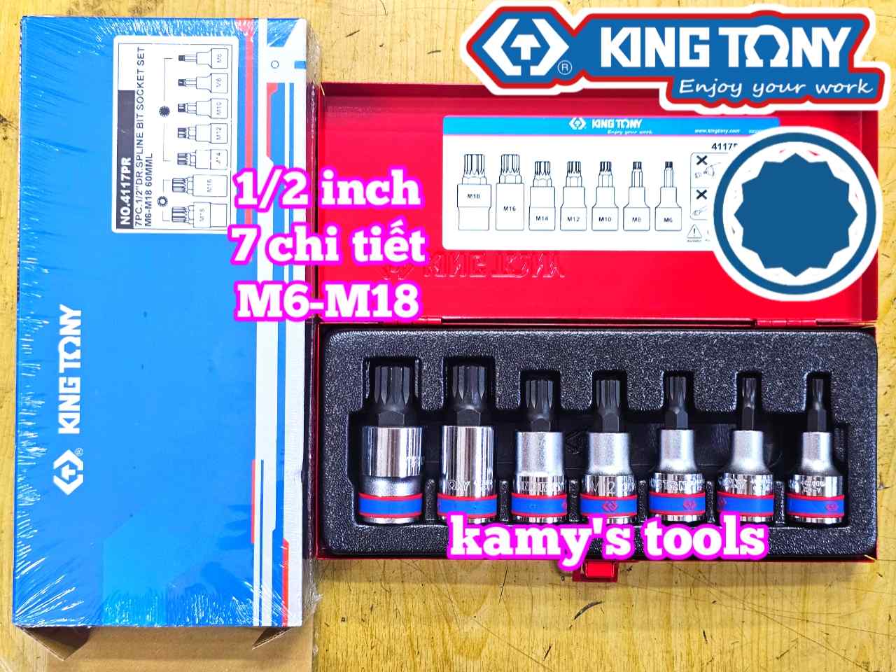 Bộ tuýp lú đầu sao M 12 cạnh 1/2 inch Kingtony 4117PR 7 chi tiết M6 M8 M10 M12 M14 M16 M18