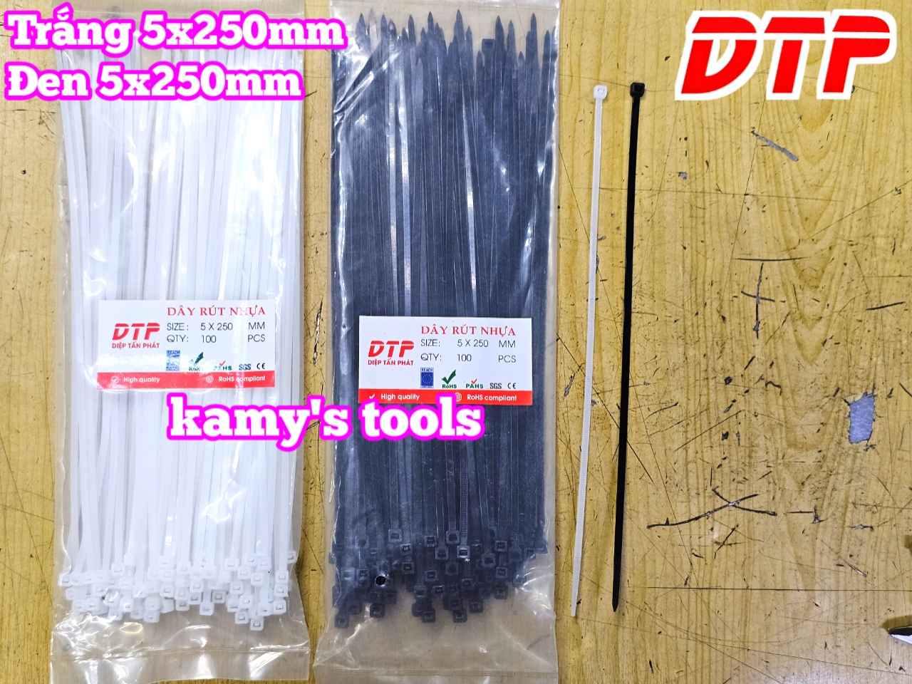 Dây rút dây thít nhựa màu đen trắng 5x250mm DTP-W32250 DTP-B32250 (1 bịch/100 sợi)