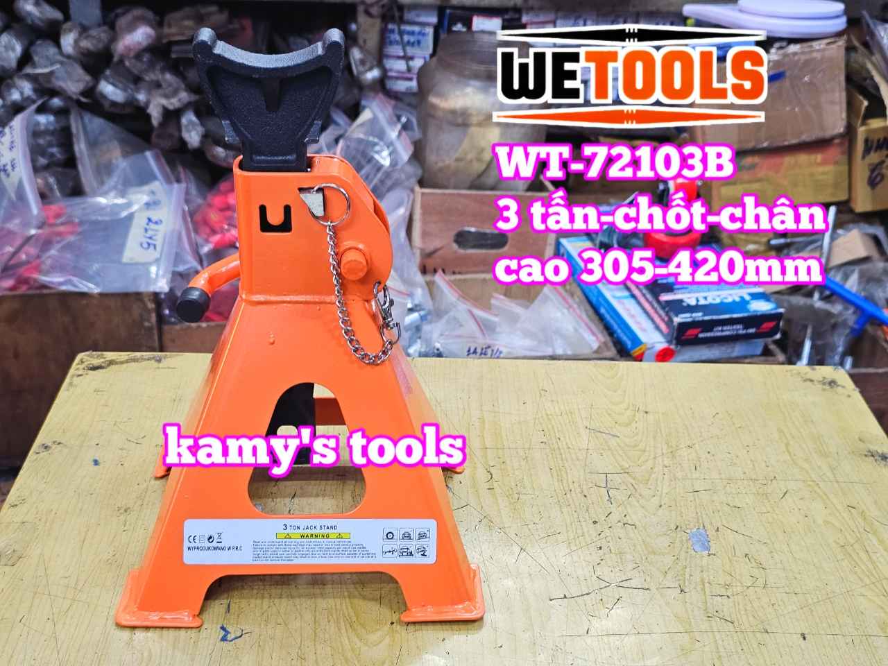 Chân kê con đội kê 3 tấn có chốt an toàn và lót chân Wetools WT-72103B cao 305-420mm