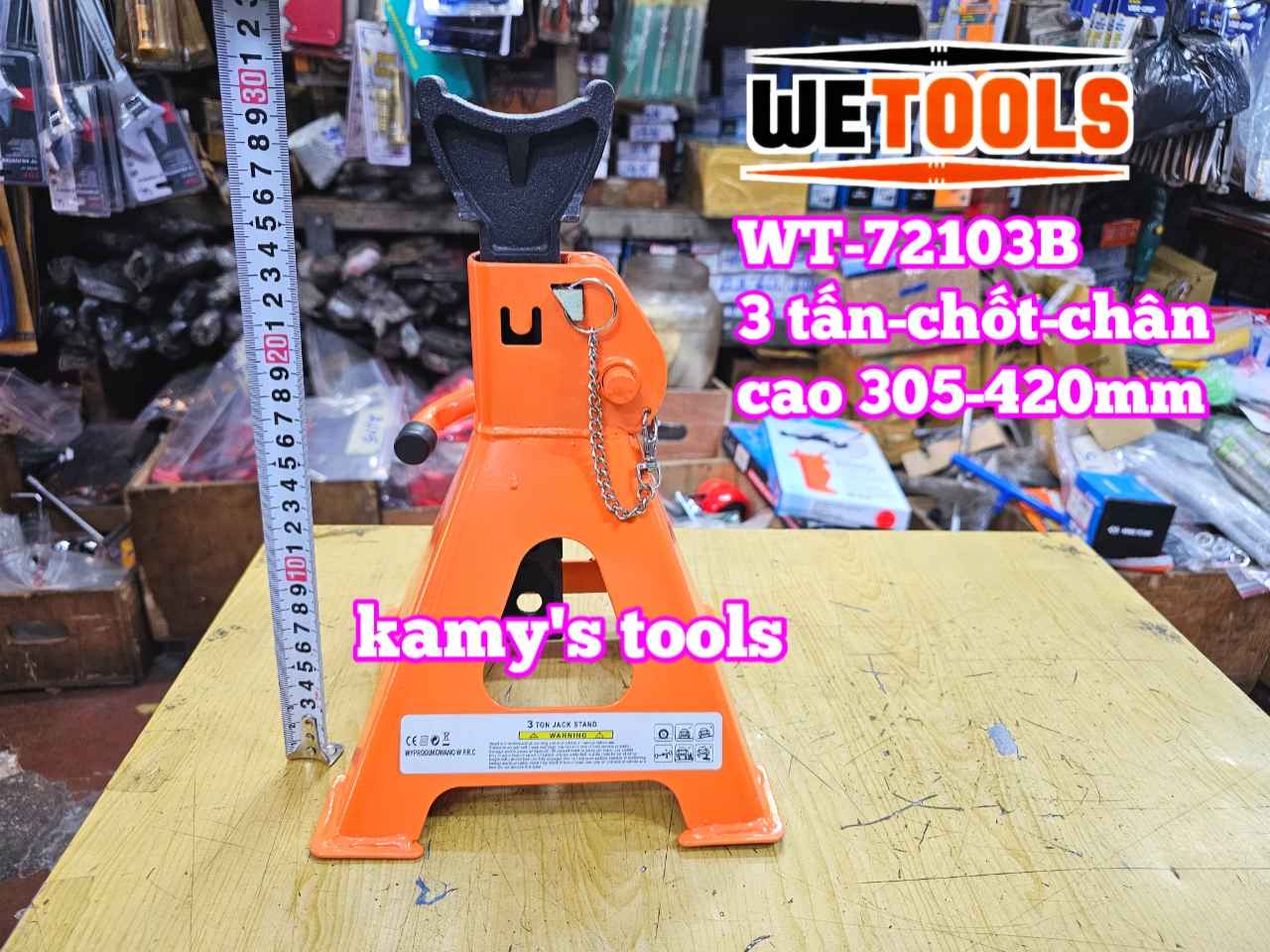 Chân kê con đội kê 3 tấn có chốt an toàn và lót chân Wetools WT-72103B cao 305-420mm