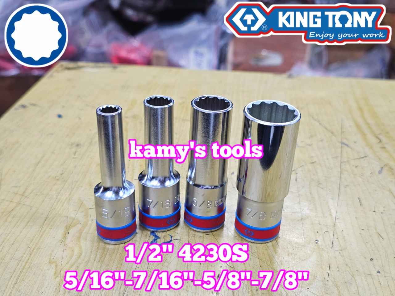 Đầu tuýp 1/2 inch hệ inch trắng dài 12 cạnh Kingtony 5/16 7/16 5/8 7/8 inch 423010S 423014S 423020S 423028S