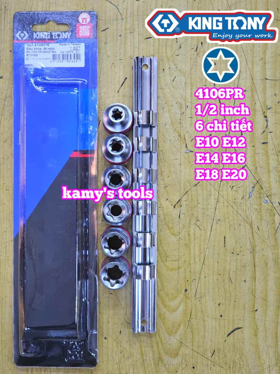Bộ tuýp E 1/2 inch Kingtony 4106PR 6 chi tiết E10 E12 E14 E16 E18 E20
