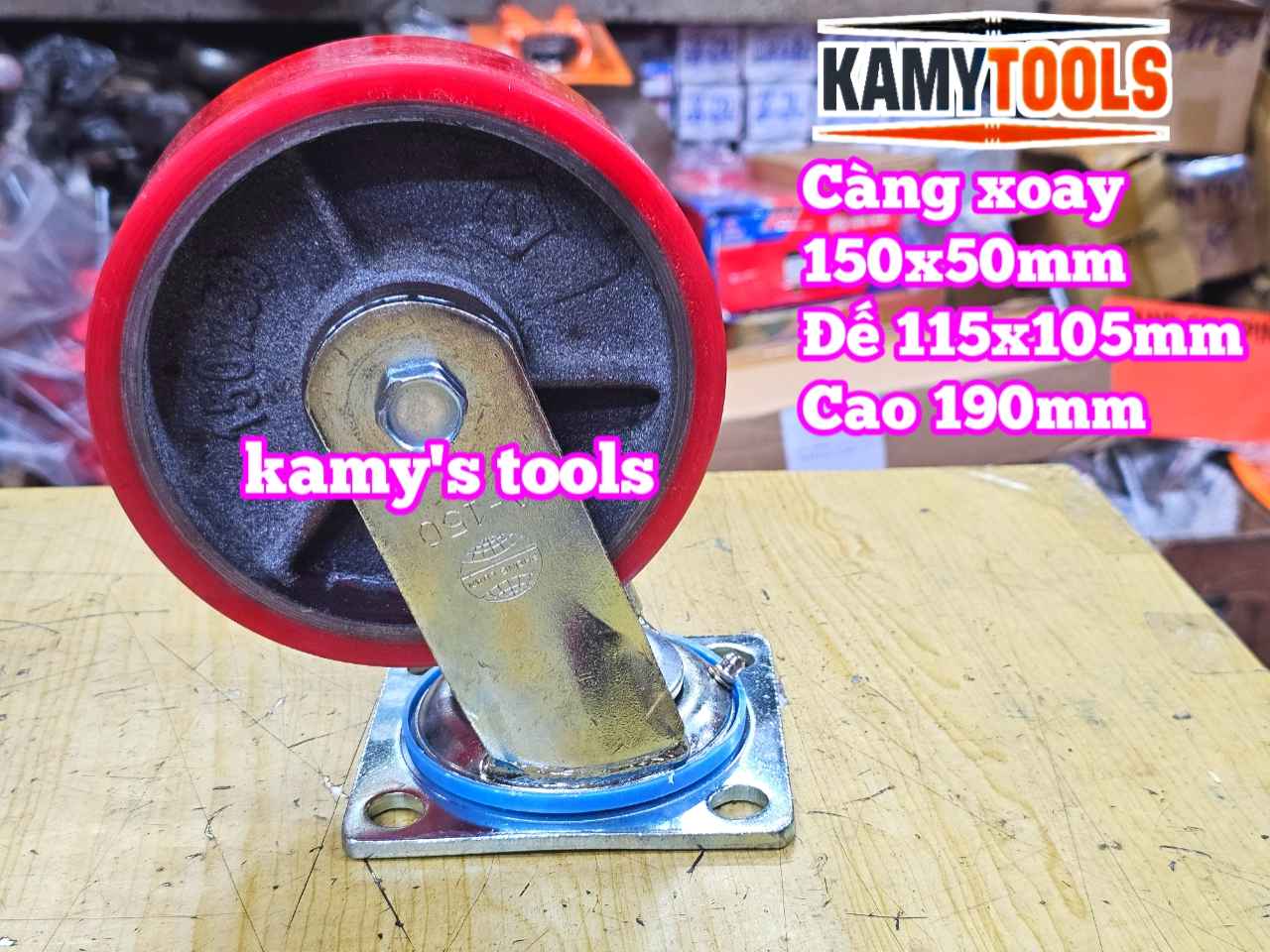 Combo đế càng XOAY và bánh xe PU mâm gang 150mm 150x50mm Kamytools KMT-XOAY150PU