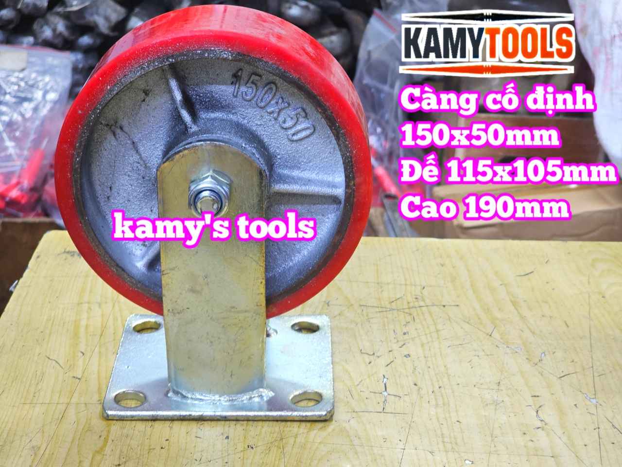 Combo đế càng CỐ ĐỊNH và bánh xe PU mâm gang 150mm 150x50mm Kamytools KMT-CD150PU
