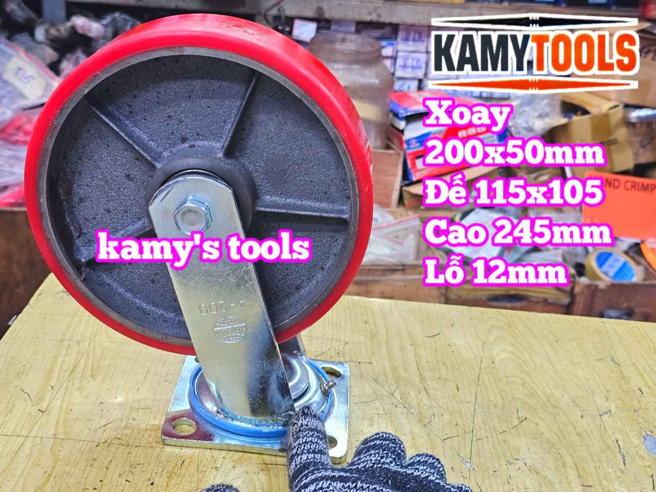 Combo đế càng XOAY và bánh xe PU mâm gang 200mm 200x50mm Kamytools KMT-XOAY200PU