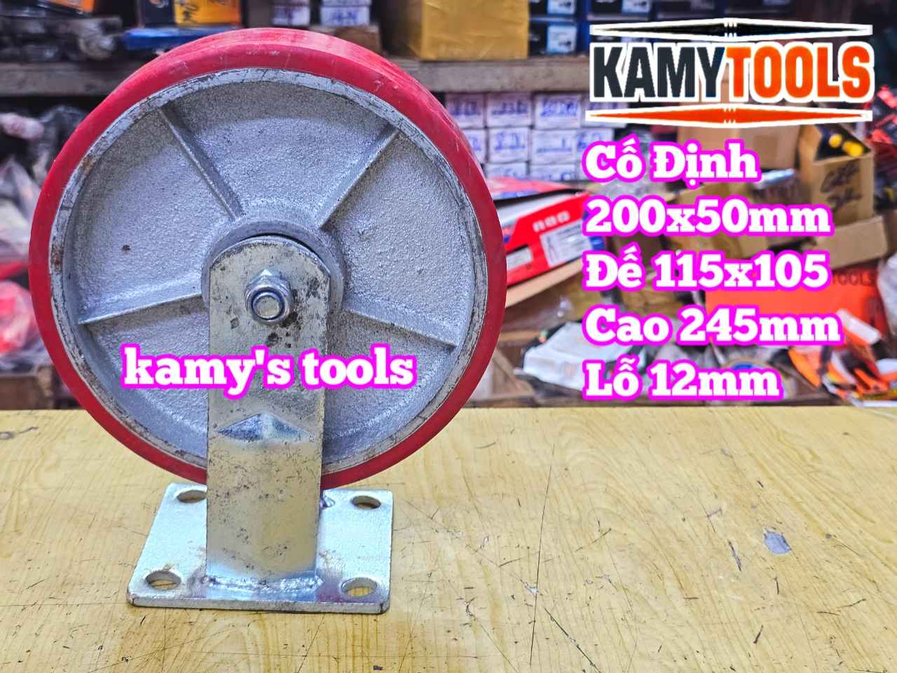 Combo đế càng CỐ ĐỊNH và bánh xe PU mâm gang 200mm 200x50mm Kamytools KMT-CD200PU
