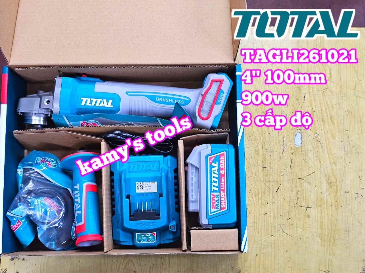TAGLI261021 Máy mài góc dùng pin Lithium 20V Total 4 inch 100mm (1 pin+1 sạc)