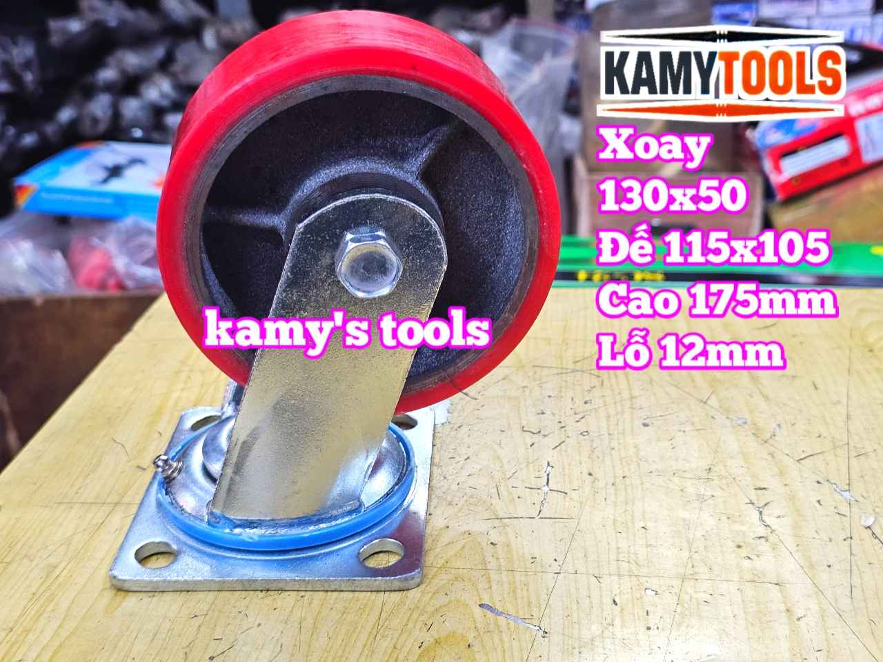 Combo đế càng XOAY và bánh xe PU mâm gang 130mm 130x50mm Kamytools KMT-XOAY130PU
