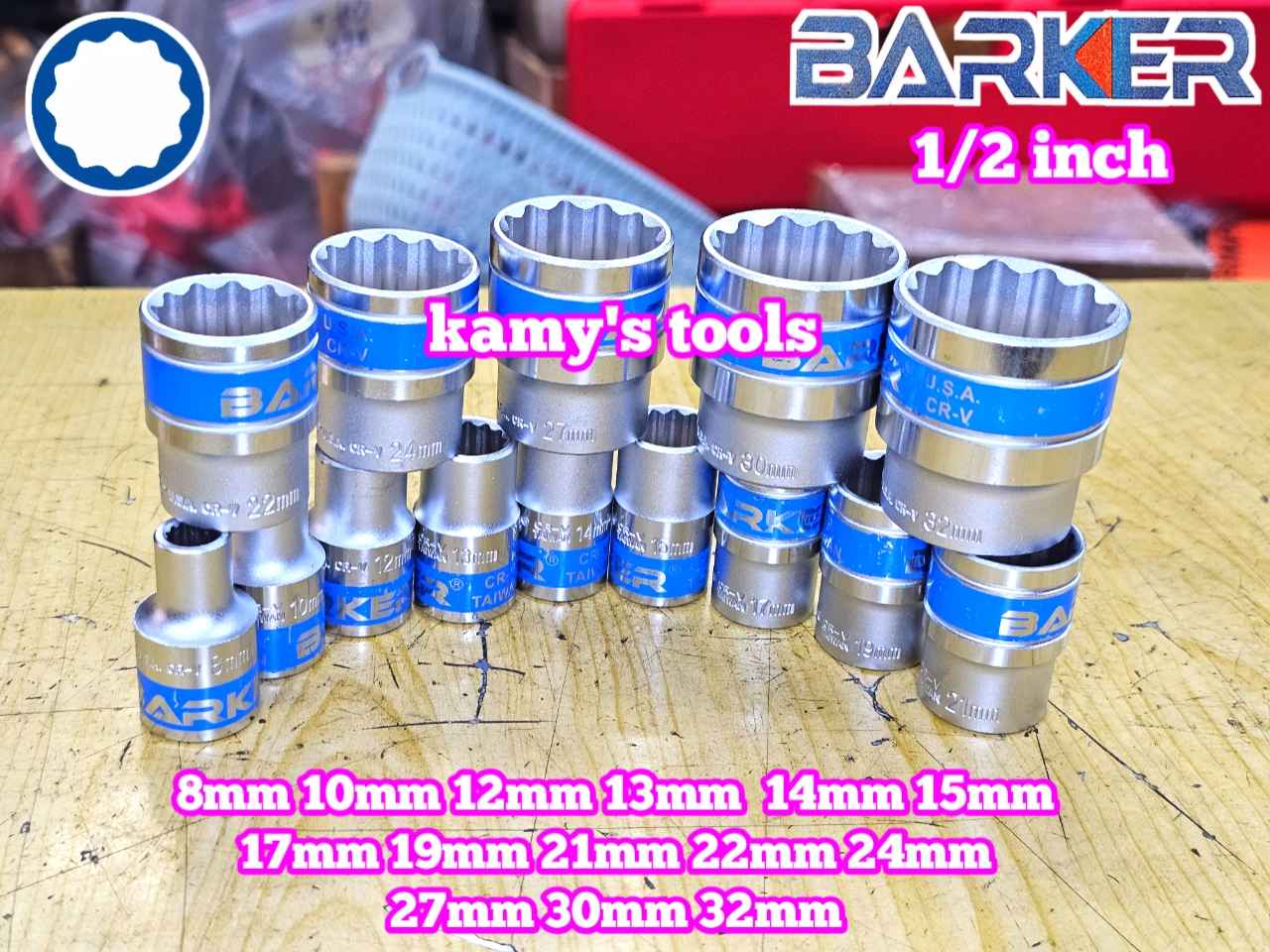 Combo bộ đầu tuýp 1/2 inch ngắn 14 chi tiết 12 cạnh Barker 8-32mm BAKE-222314B