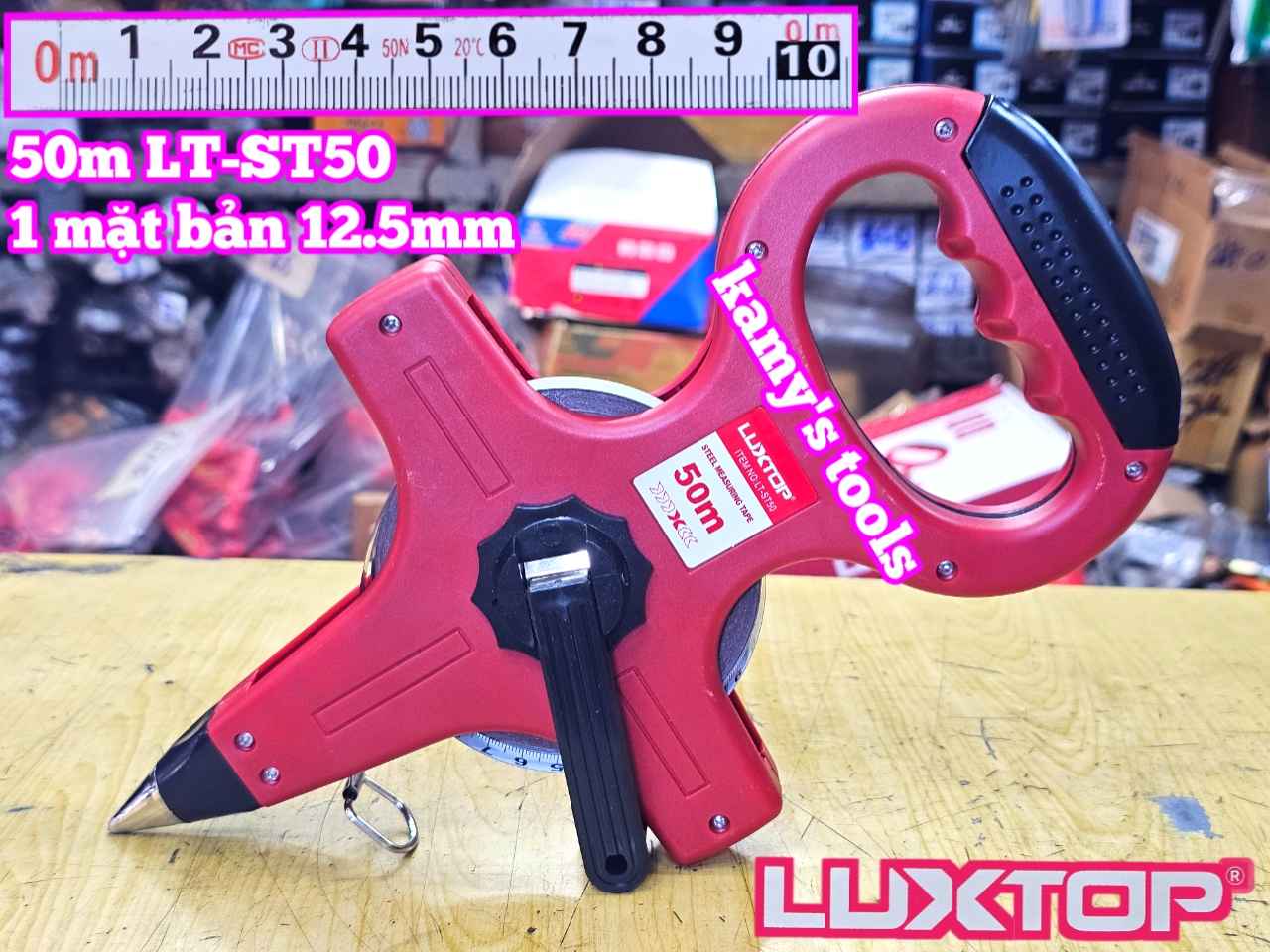 Thước cuộn thước kéo thép 50 mét 50m bản 12mm hệ mét 1 mặt có tay cầm Luxtop LT-ST50