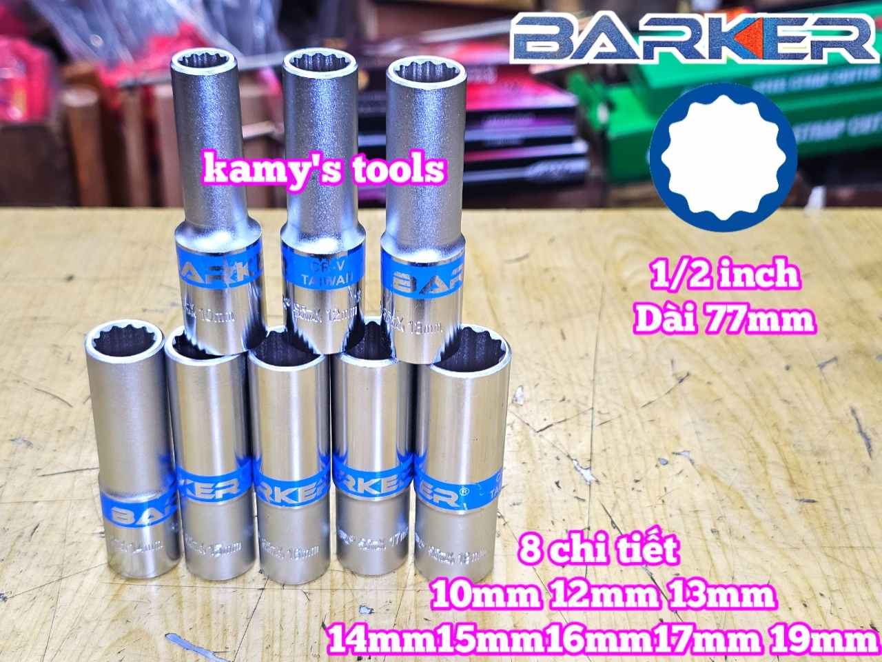 Combo bộ đầu tuýp 1/2 inch dài 12 cạnh Barker 8 chi tiết 10-19mm BAKE-229308B