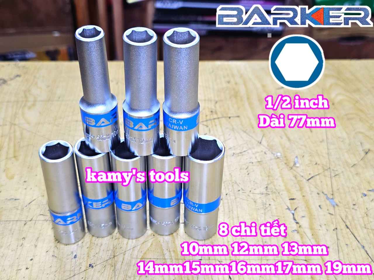 Combo bộ đầu tuýp 1/2 inch dài 6 cạnh Barker 8 chi tiết 10-19mm BAKE-229308A