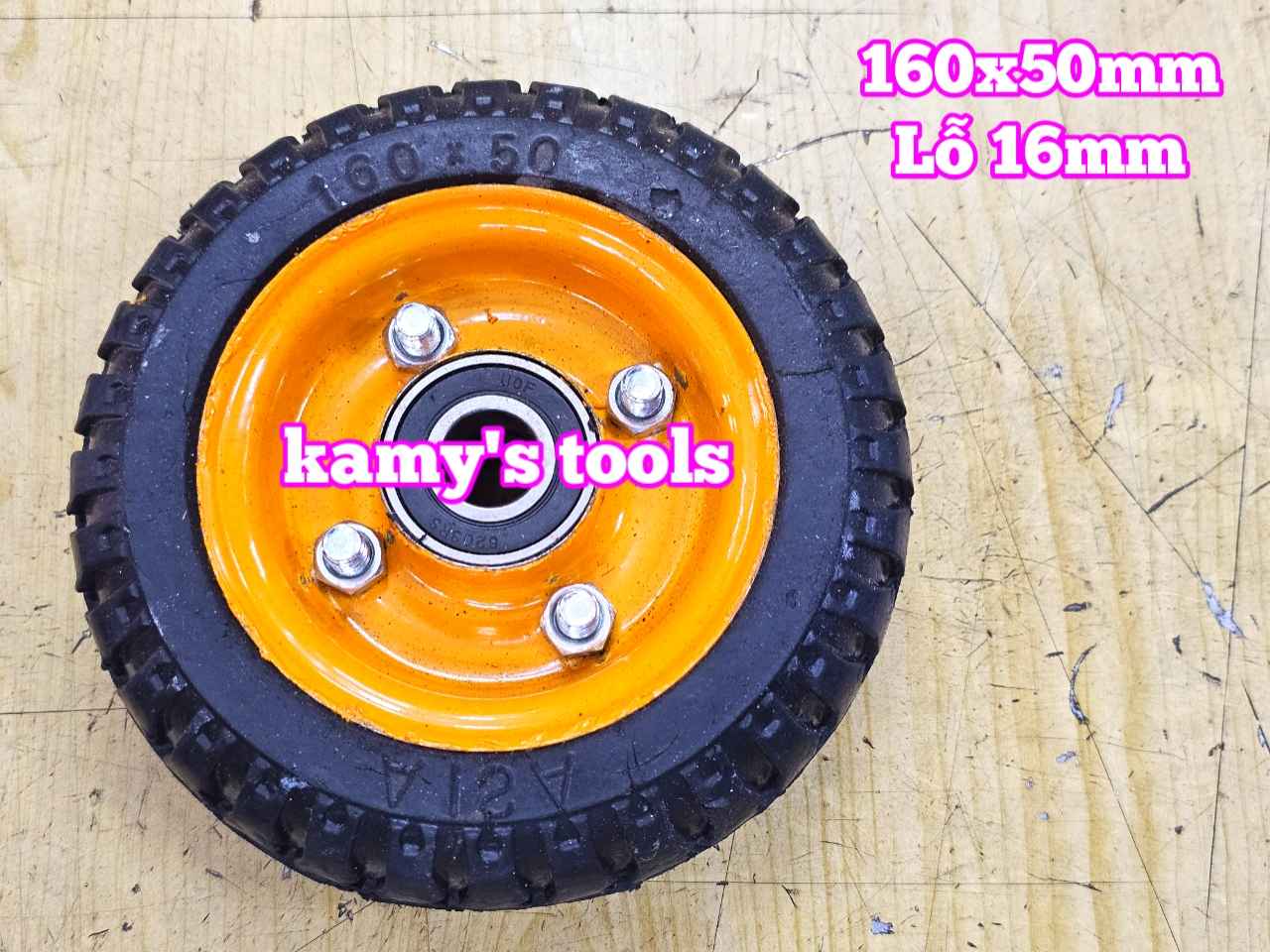 Bánh xe cao su đặc 160mm dày 50mm kèm bạc đạn lỗ 16mm 160x50mm Kamytools
