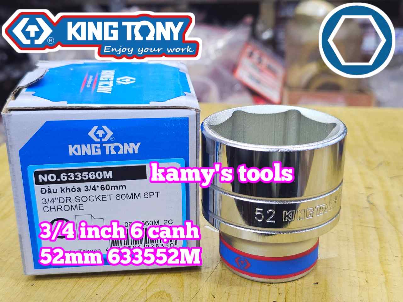 Đầu tuýp 3/4 inch 6 cạnh trắng Kingtony 52mm 55mm 60mm 63mm 70mm 633552M 633555M 633560M 633563M 633570M