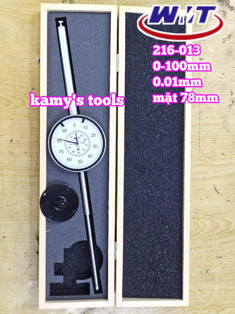 Đồng hồ so 0-100mm sai số 0.01mm WMT model 216-013 mặt 78mm thân thép cao cấp nặng 512g