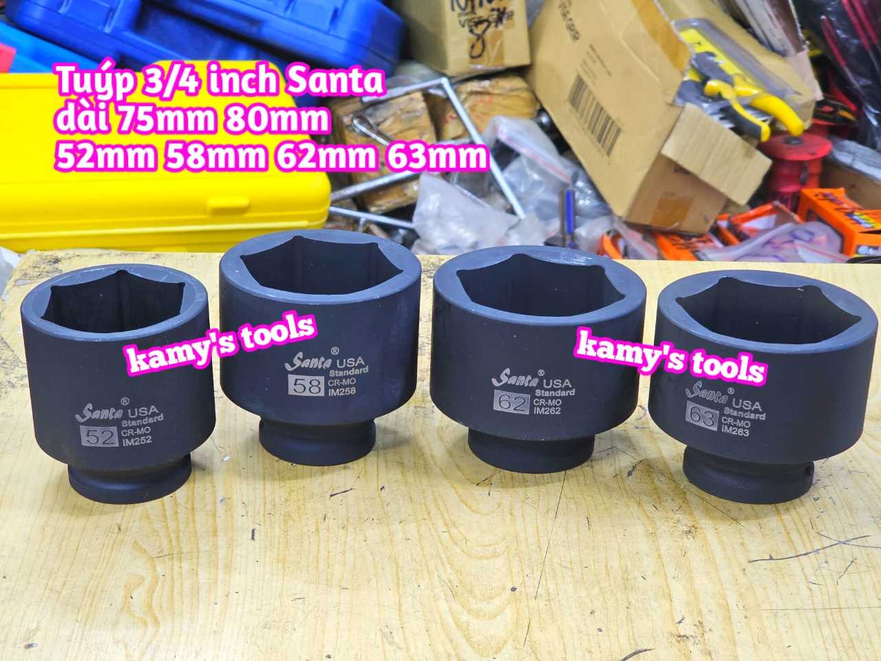 Đầu tuýp 3/4 inch đen dài 75mm 80mm Santa thép Cr-mo 52mm 58mm 62mm 63mm