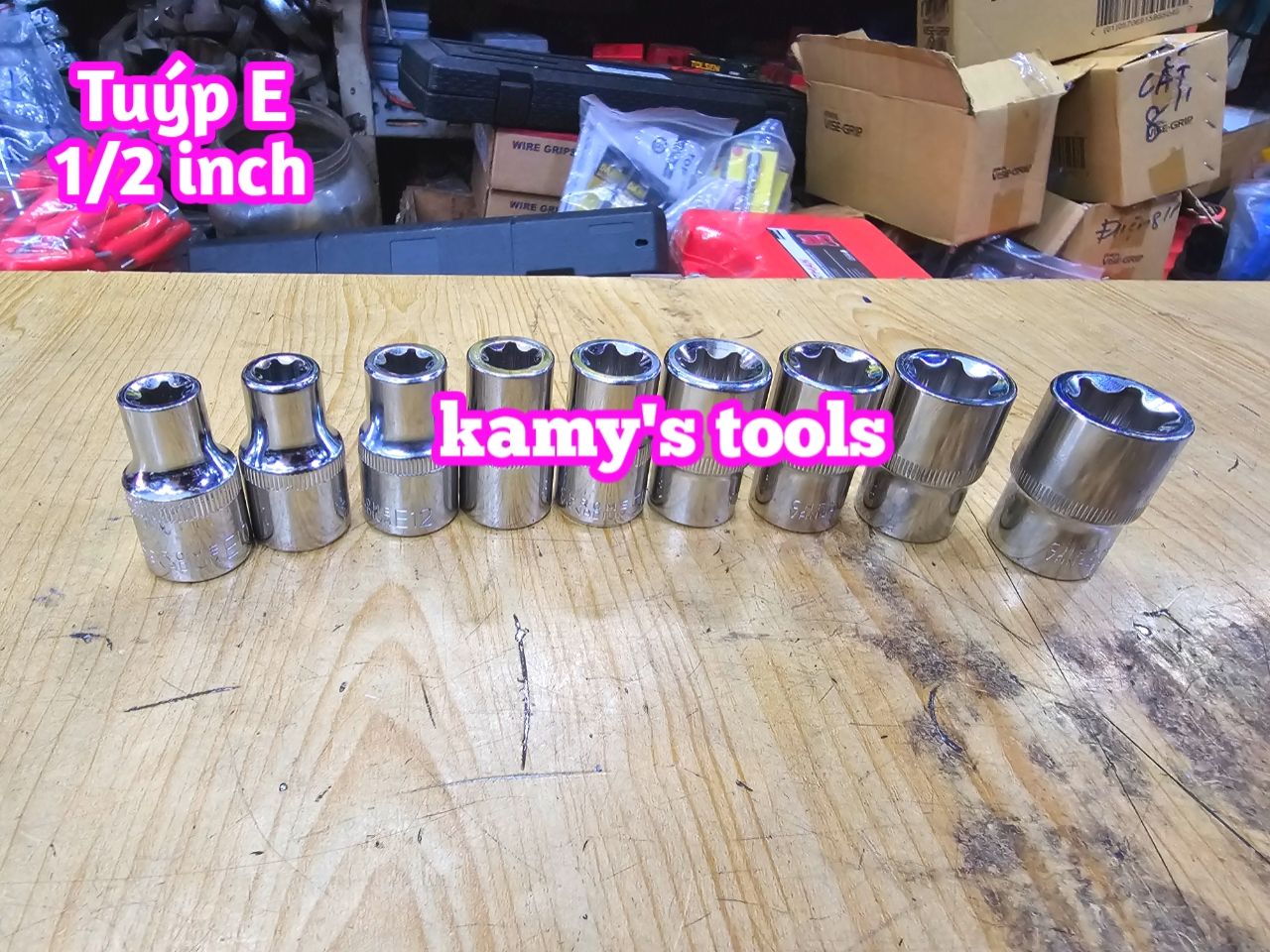 Bộ Tuýp E 9 Cục Thép lỗ 1/2 inch Chrome Vanadium E10-E24, Bộ Khẩu E, Đầu Khẩu E