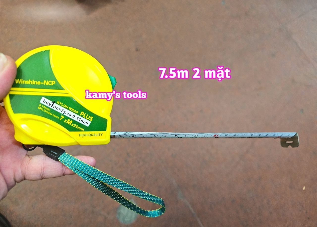 Thước Rút 7.5m Bản 25mm Winshine NCP vàng xanh, Thước cuộn 7.5m, Thước Kéo 7.5m, Thước Rút 7.5m