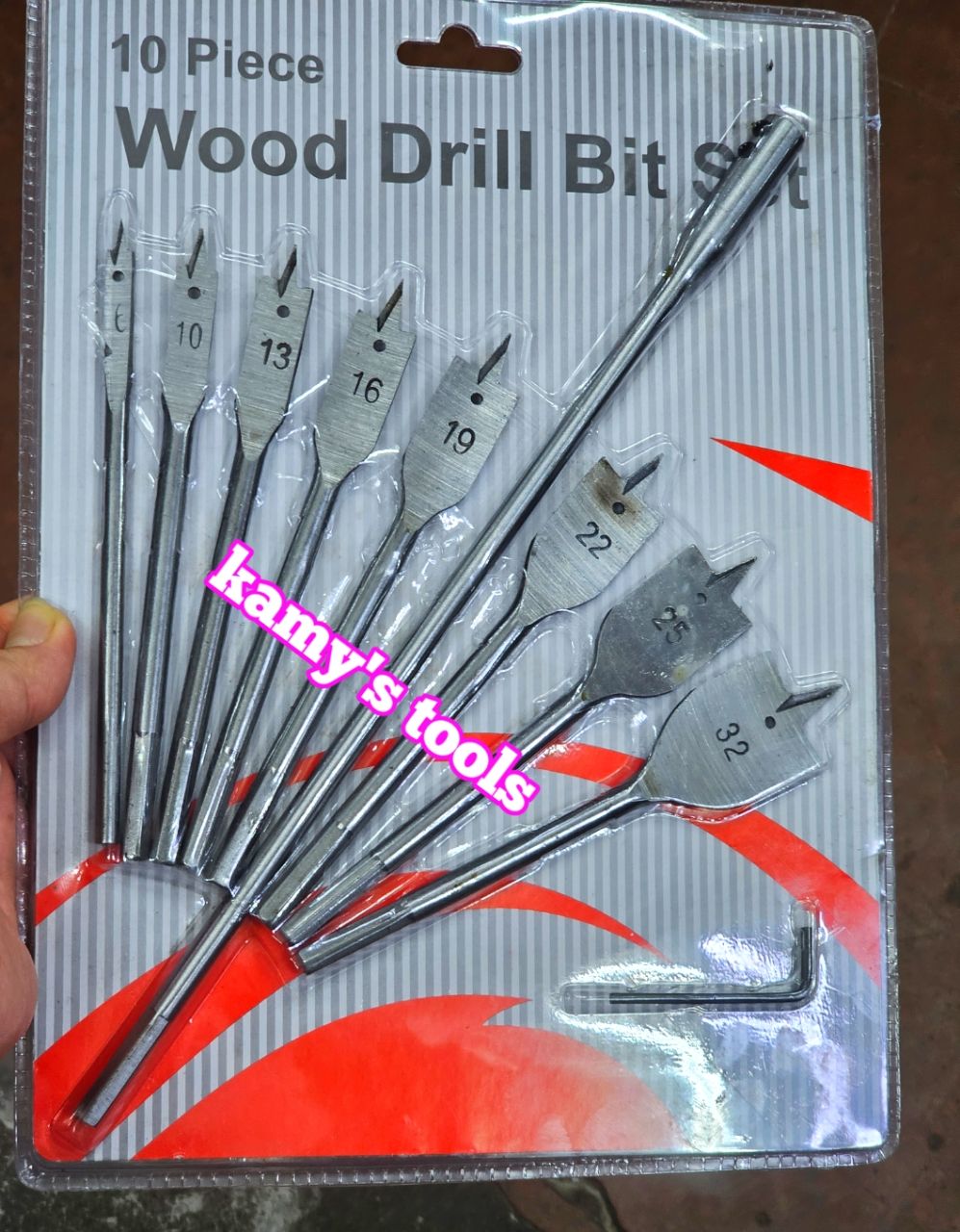 Bộ mũi khoan khoét lỗ gỗ hình đuôi cá 10 chi tiết 6mm 10mm 13mm 16mm 19mm 22mm 25mm 32mm, mũi khoét gỗ
