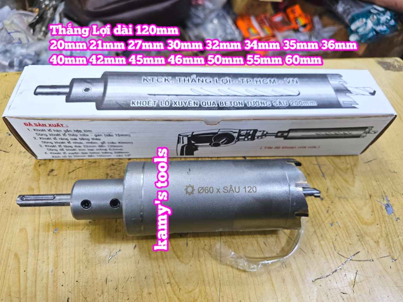 Mũi khoan rút lõi xuyên tường dài 120mm Thắng Lợi 20mm 21mm 27mm 30mm 32mm 34mm 35mm 36mm 40mm 42mm 45mm 46mm 50mm 55mm 60mm