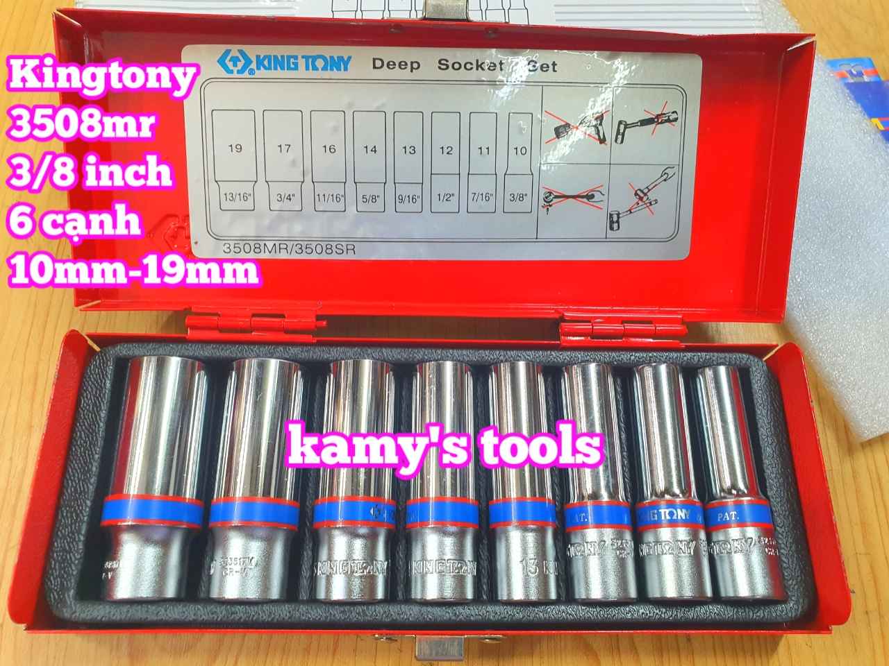 Bộ tuýp 3/8 inch dài 8 chi tiết 6 cạnh Kingtony 3508MR 10mm-19mm