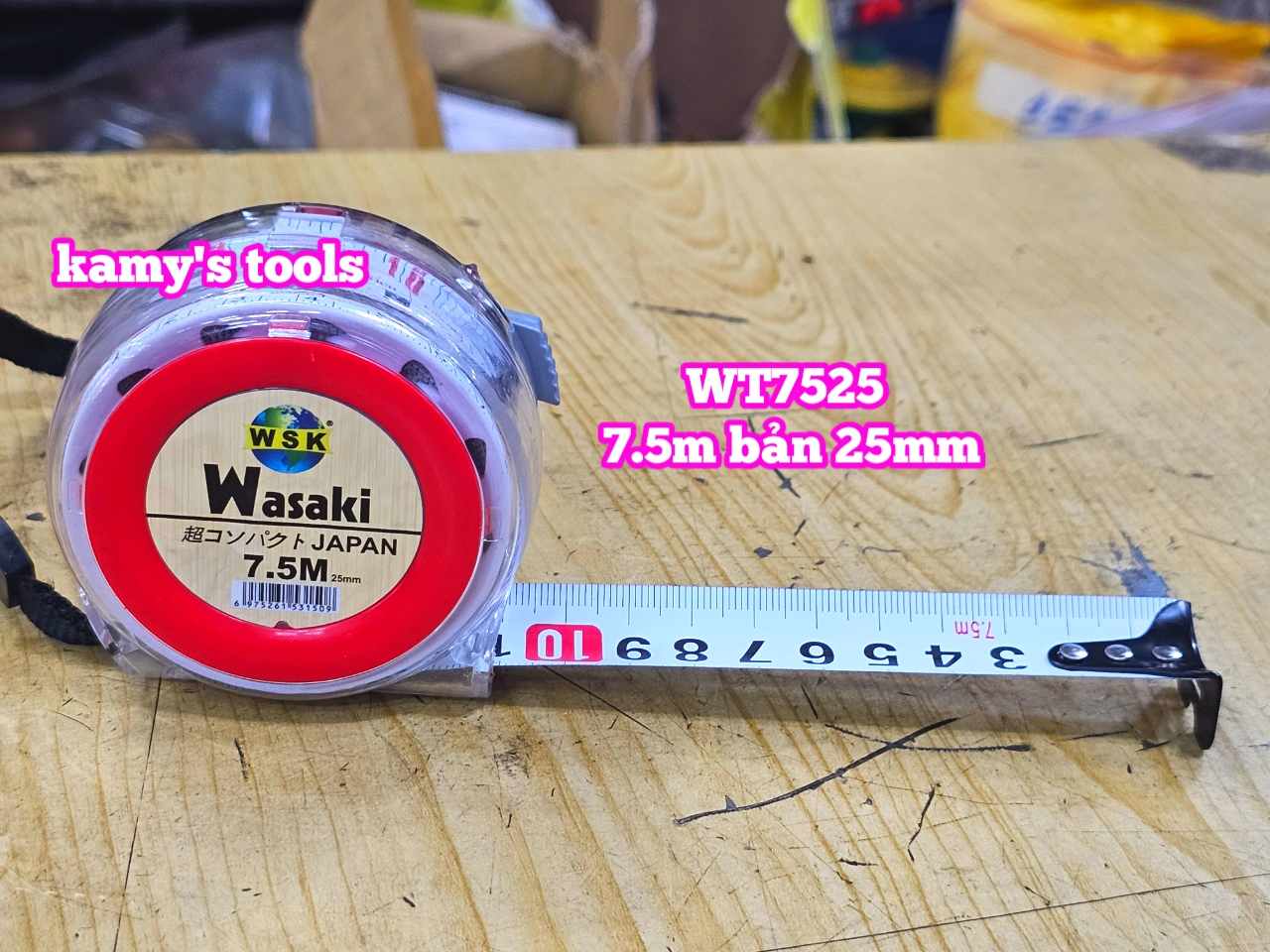 Thước kéo 7.5m 7.5mét bản 25mm WSK Wasaki WT7525 2 mặt có lỗ ban TỰ ĐỘNG KHÓA, thước rút 7.5m thước cuộn 7.5m
