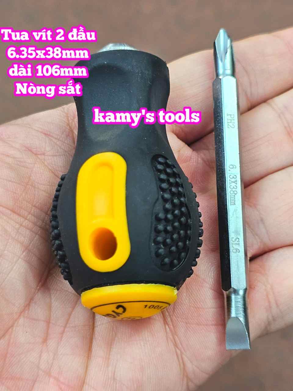 Tua vít lùn 2 đầu cán gai cao su 6.3x38mm dài 105mm, tô vít