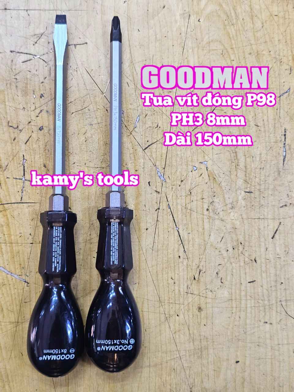 Tua vít đóng Goodman bake PH3 dẹp 8mm dài 150mm P98+8x150 P98-8x150