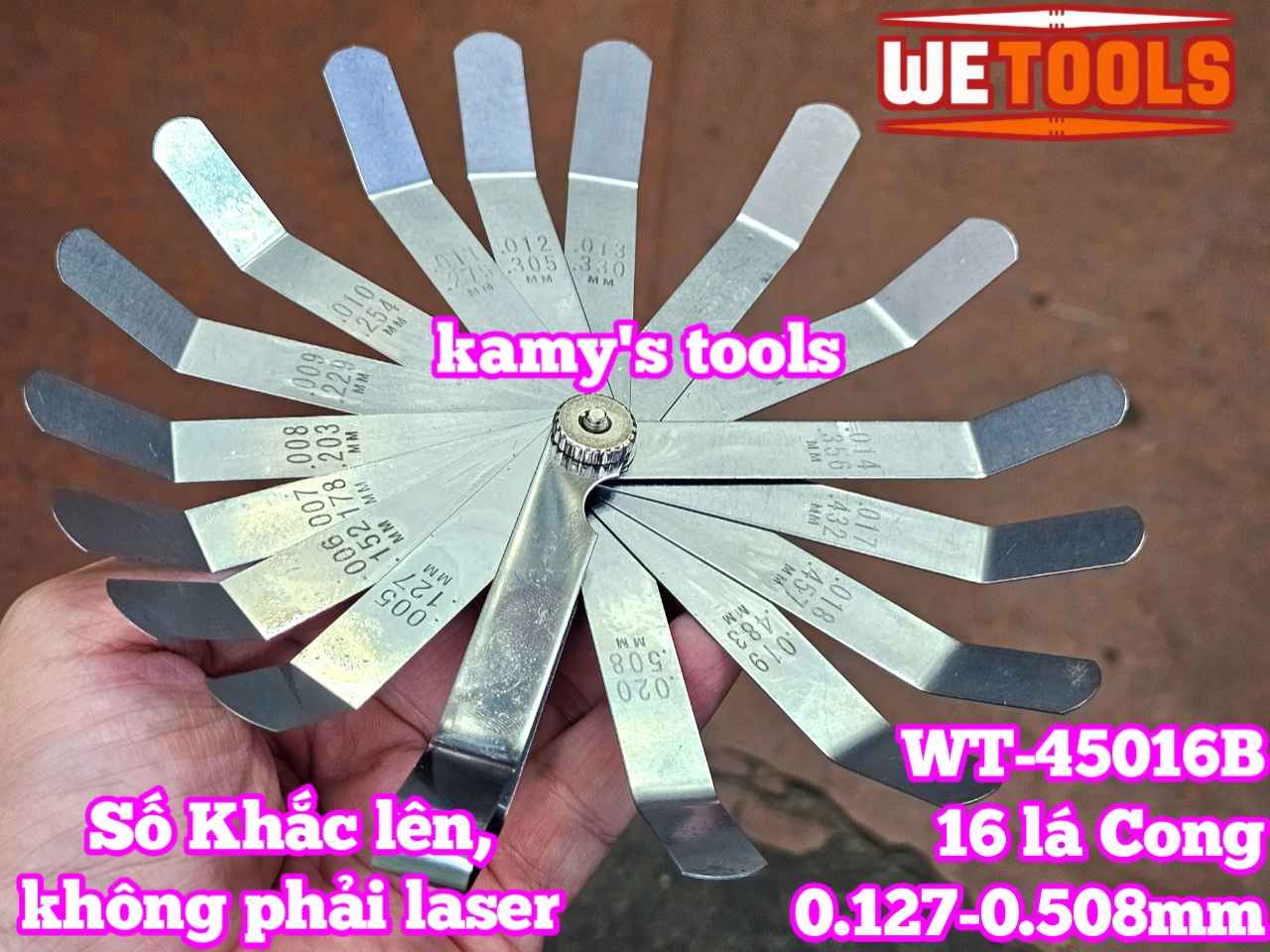 Bộ thước căn lá đo khe hở chỉnh cò xupap loại CONG 16 lá 0.127-0.508mm Wetools WT-45016B