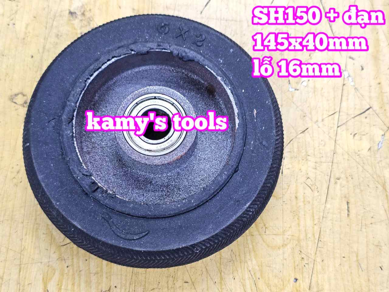 Bánh xe cao su đặc Sanho 150mm kèm bạc đạn 6003RS lỗ 16mm 145x40mm Kamytools