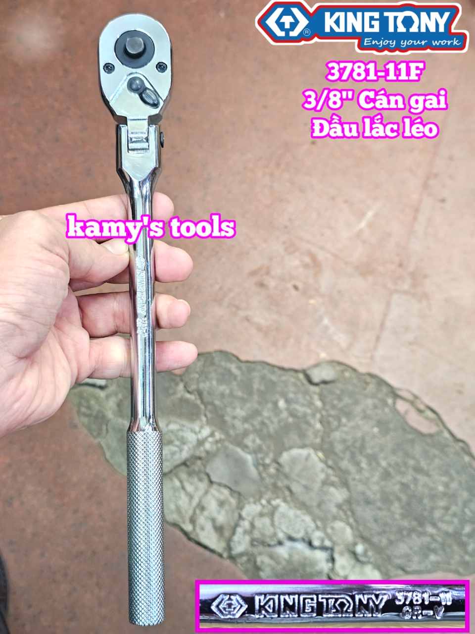 Cần tự động đầu lắc léo cán gai nhám 3/8 inch Kingtony 3781-11F dài 11 inch 280mm