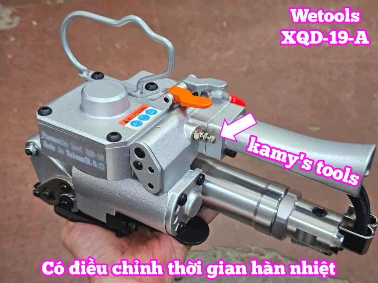 Máy đóng đai siết đai nhựa dùng hơi khí nén PP PET 13-19mm Wetools XQD-19-A có bộ chỉnh thời gian hàn nhiệt cao cấp