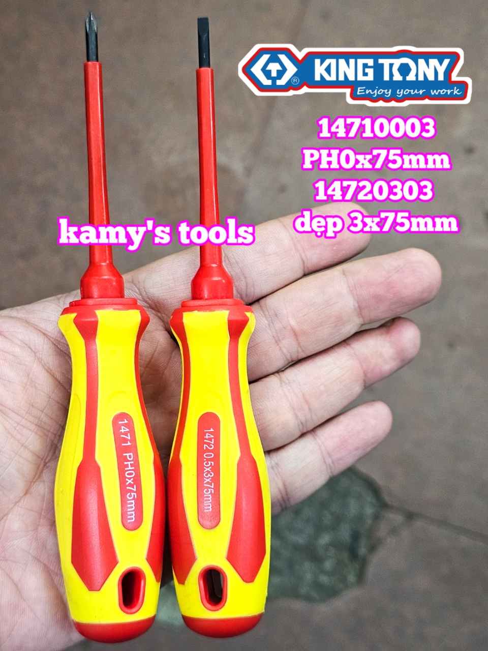 Tua vít cách điện VDE 1000V dẹp 3mm bake PH0 dài 75mm (3x75mm, PH0x75mm) Kingtony 14720303 14710003